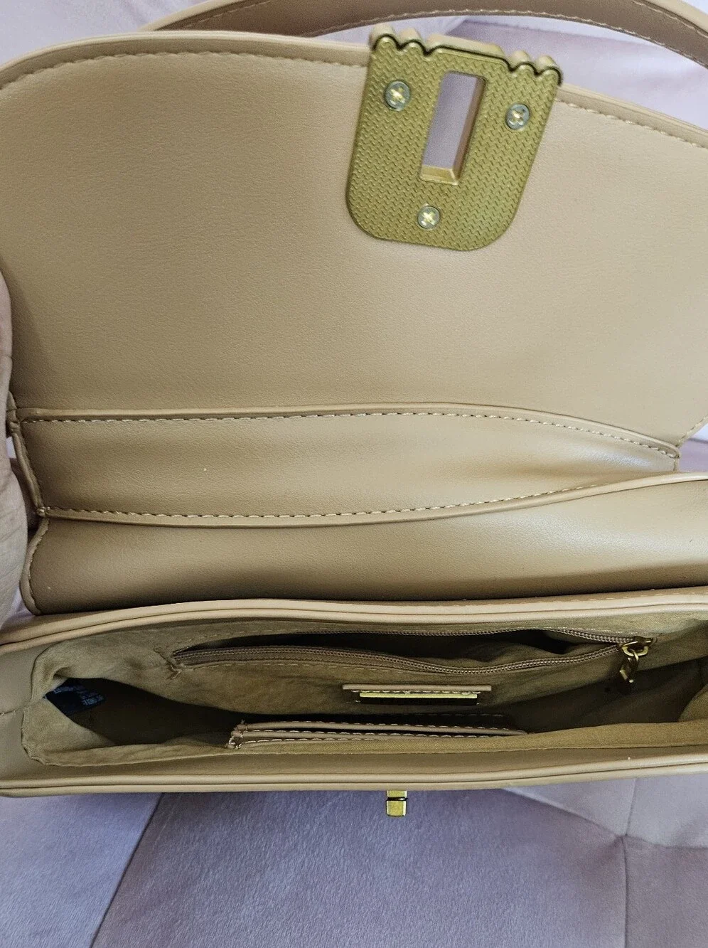 Miztique Tan Faux Leather Small Satchel Bag Golden Accent